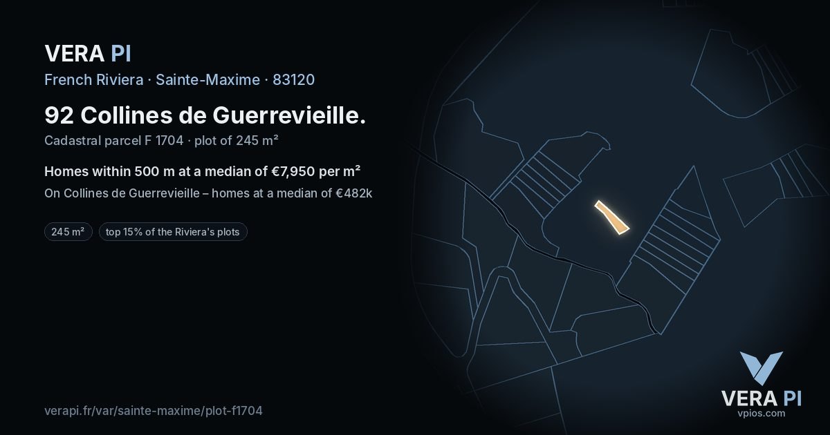92 Collines de Guerrevieille, Sainte-Maxime at night – the plot lit, the parcels around coloured by the prices near them