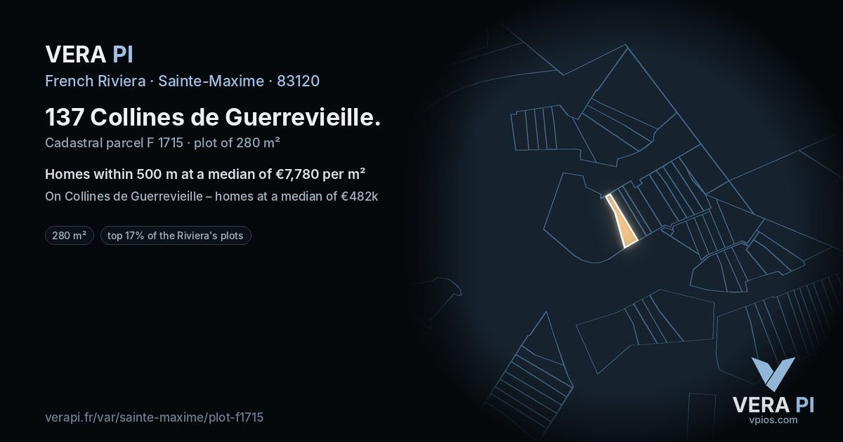 137 Collines de Guerrevieille, Sainte-Maxime at night – the plot lit, the parcels around coloured by the prices near them