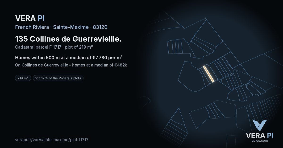 135 Collines de Guerrevieille, Sainte-Maxime at night – the plot lit, the parcels around coloured by the prices near them