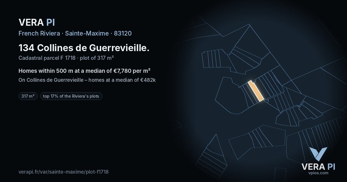 134 Collines de Guerrevieille, Sainte-Maxime at night – the plot lit, the parcels around coloured by the prices near them