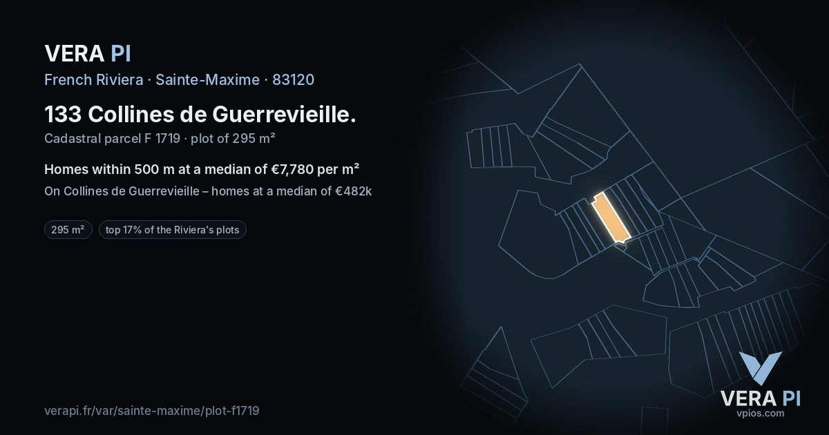 133 Collines de Guerrevieille, Sainte-Maxime at night – the plot lit, the parcels around coloured by the prices near them