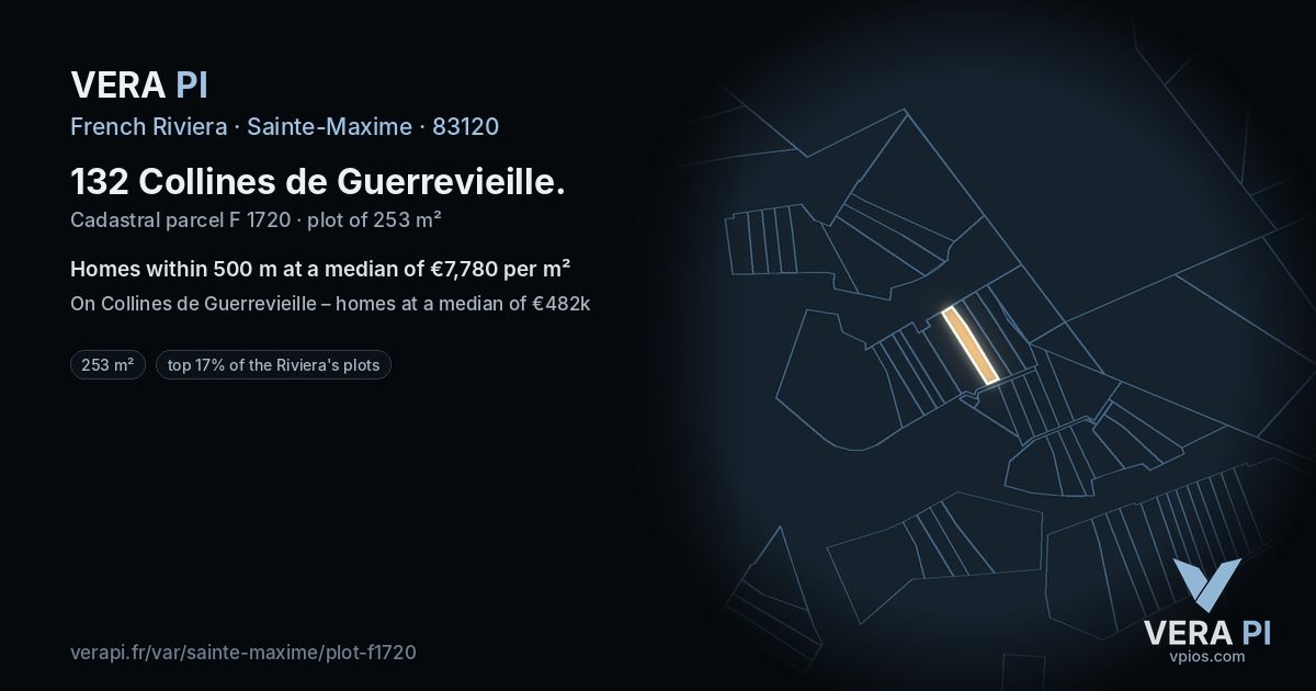 132 Collines de Guerrevieille, Sainte-Maxime at night – the plot lit, the parcels around coloured by the prices near them