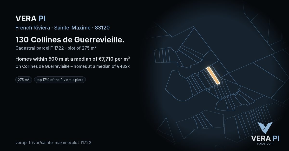 130 Collines de Guerrevieille, Sainte-Maxime at night – the plot lit, the parcels around coloured by the prices near them