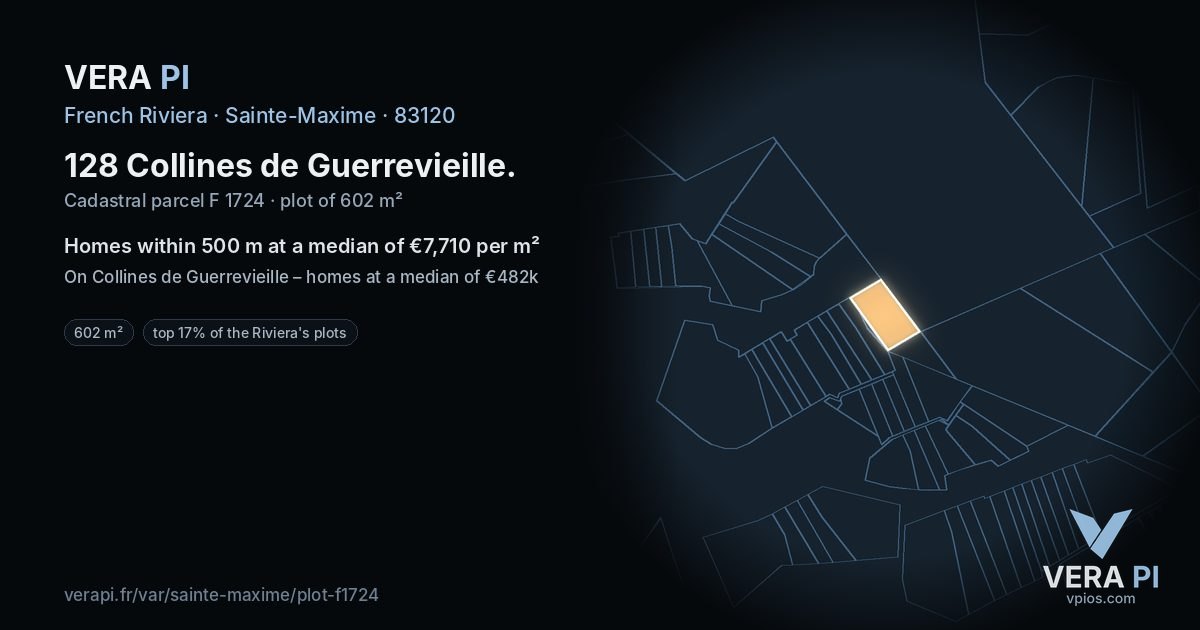 128 Collines de Guerrevieille, Sainte-Maxime at night – the plot lit, the parcels around coloured by the prices near them