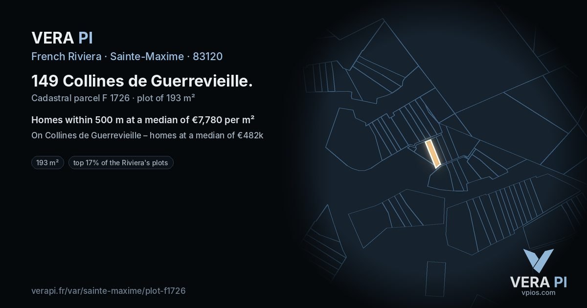 149 Collines de Guerrevieille, Sainte-Maxime at night – the plot lit, the parcels around coloured by the prices near them