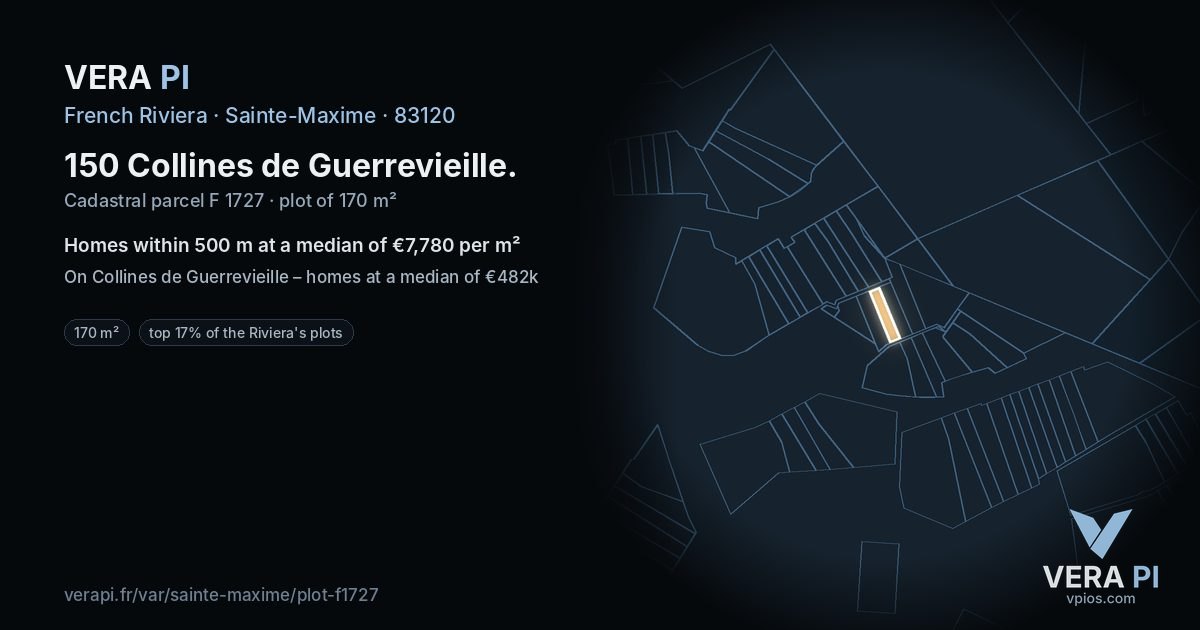150 Collines de Guerrevieille, Sainte-Maxime at night – the plot lit, the parcels around coloured by the prices near them