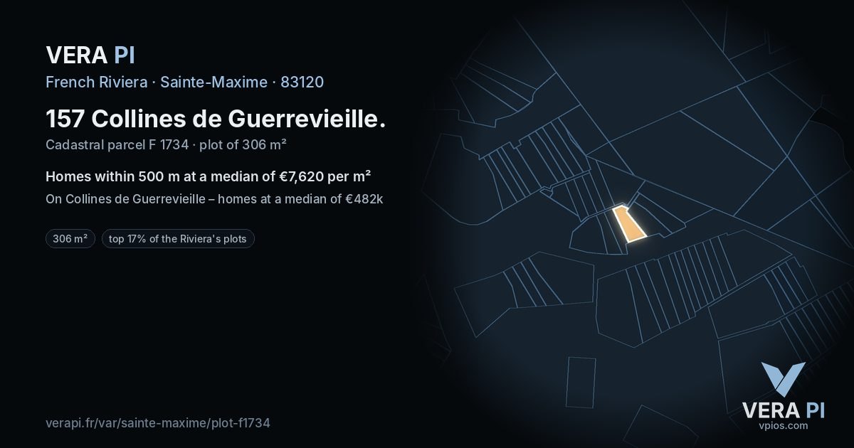 157 Collines de Guerrevieille, Sainte-Maxime at night – the plot lit, the parcels around coloured by the prices near them