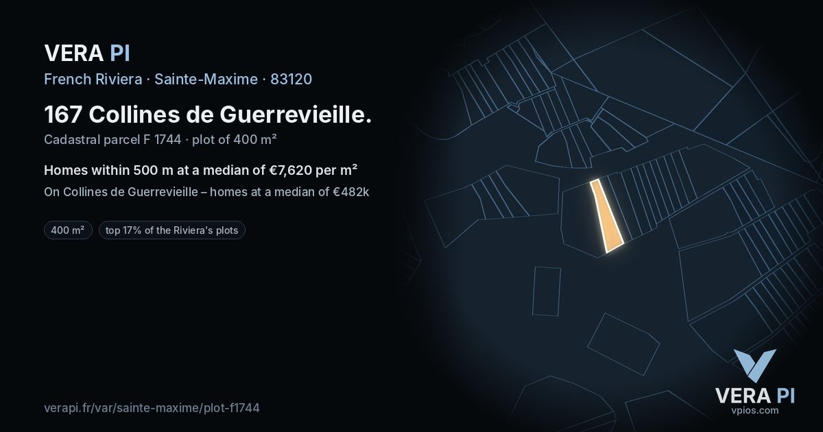167 Collines de Guerrevieille, Sainte-Maxime at night – the plot lit, the parcels around coloured by the prices near them
