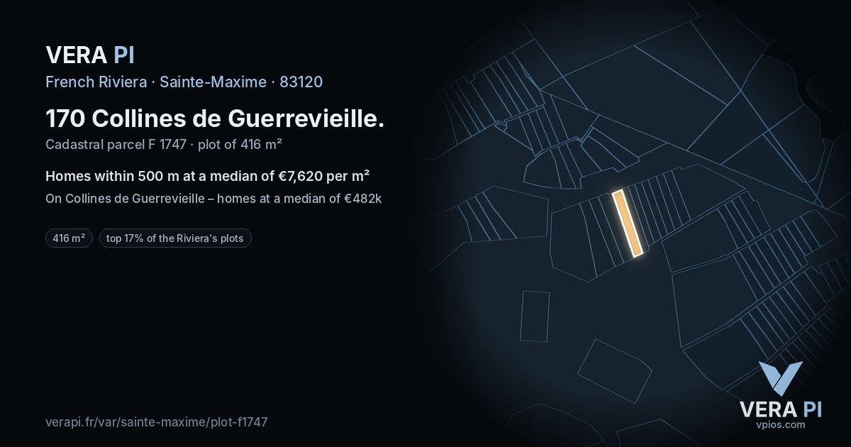 170 Collines de Guerrevieille, Sainte-Maxime at night – the plot lit, the parcels around coloured by the prices near them