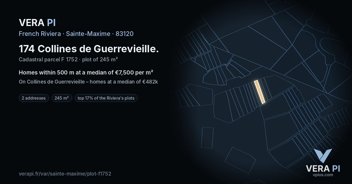 174 Collines de Guerrevieille, Sainte-Maxime at night – the plot lit, the parcels around coloured by the prices near them