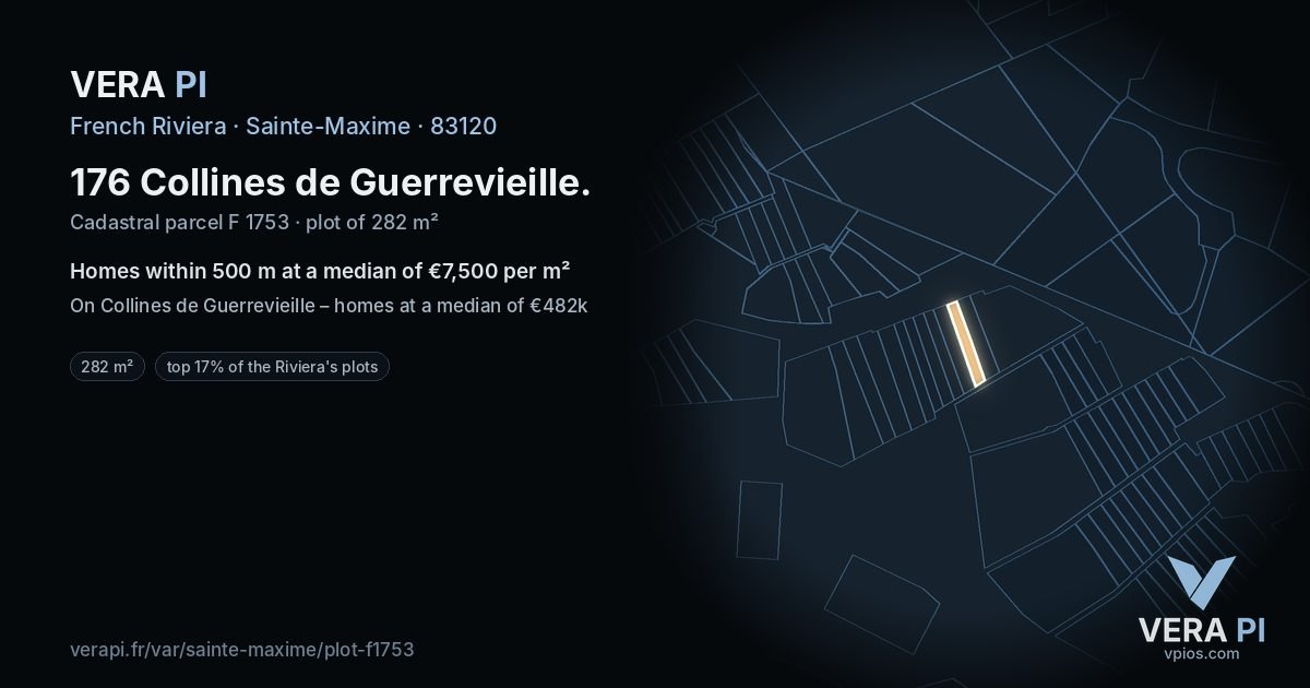 176 Collines de Guerrevieille, Sainte-Maxime at night – the plot lit, the parcels around coloured by the prices near them