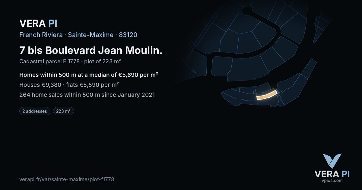 7 bis Boulevard Jean Moulin, Sainte-Maxime at night – the plot lit, the parcels around coloured by the prices near them
