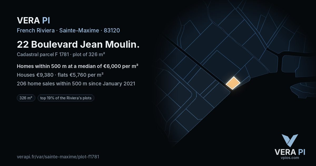 22 Boulevard Jean Moulin, Sainte-Maxime at night – the plot lit, the parcels around coloured by the prices near them