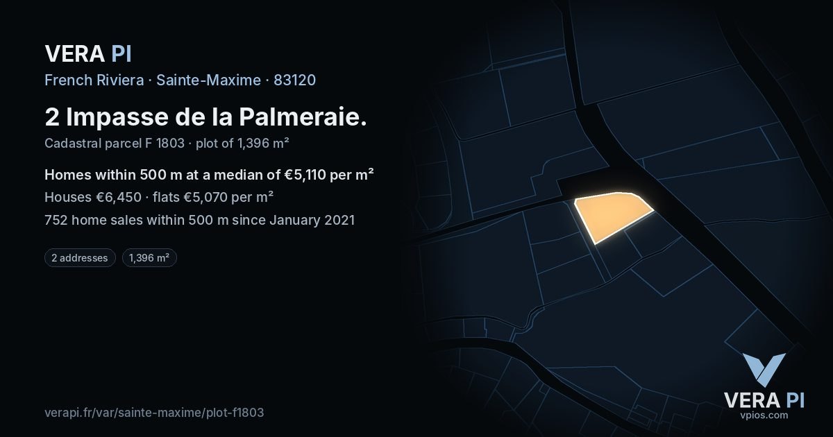 2 Impasse de la Palmeraie, Sainte-Maxime at night – the plot lit, the parcels around coloured by the prices near them