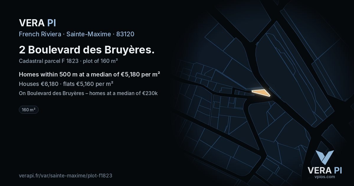 2 Boulevard des Bruyères, Sainte-Maxime at night – the plot lit, the parcels around coloured by the prices near them