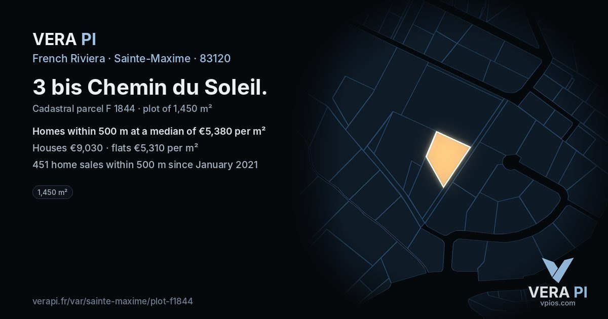 3 bis Chemin du Soleil, Sainte-Maxime at night – the plot lit, the parcels around coloured by the prices near them