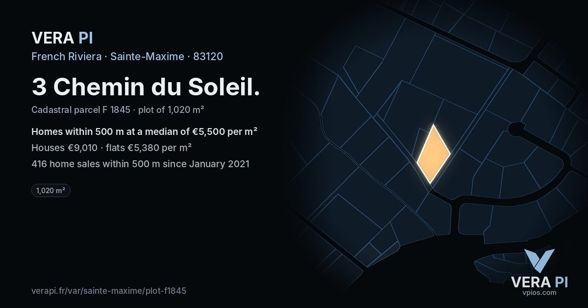 3 Chemin du Soleil, Sainte-Maxime at night – the plot lit, the parcels around coloured by the prices near them