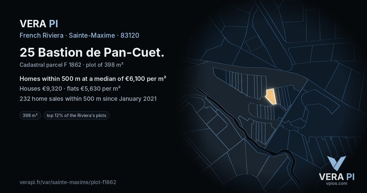 25 Bastion de Pan-Cuet, Sainte-Maxime at night – the plot lit, the parcels around coloured by the prices near them