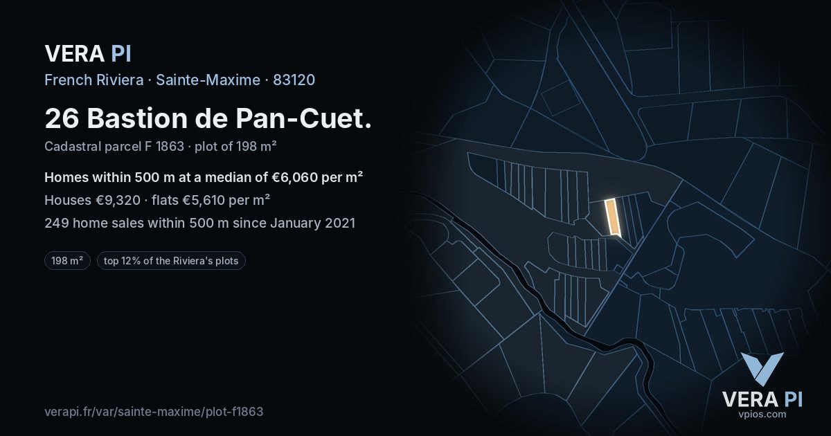 26 Bastion de Pan-Cuet, Sainte-Maxime at night – the plot lit, the parcels around coloured by the prices near them