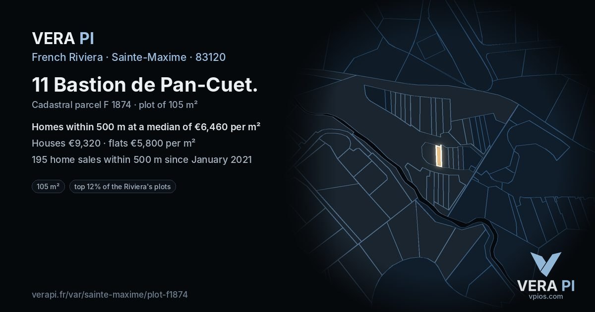 11 Bastion de Pan-Cuet, Sainte-Maxime at night – the plot lit, the parcels around coloured by the prices near them