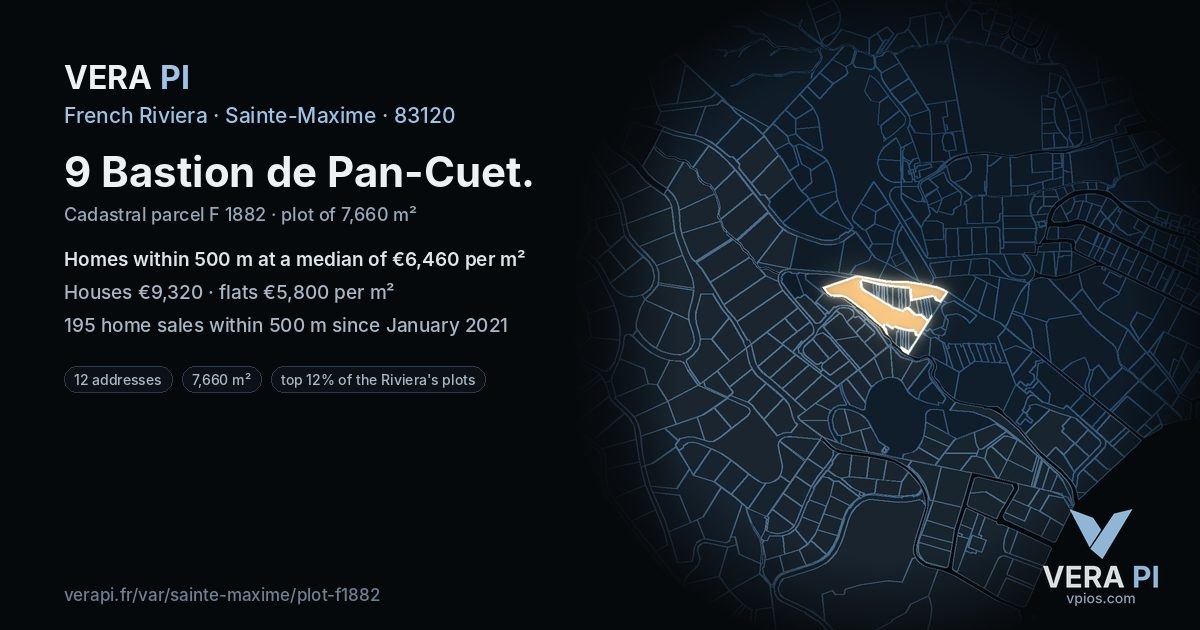 9 Bastion de Pan-Cuet, Sainte-Maxime at night – the plot lit, the parcels around coloured by the prices near them