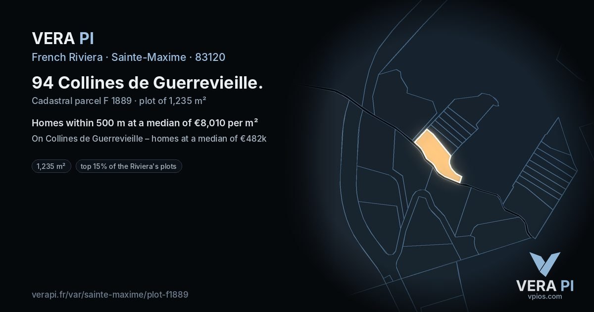 94 Collines de Guerrevieille, Sainte-Maxime at night – the plot lit, the parcels around coloured by the prices near them