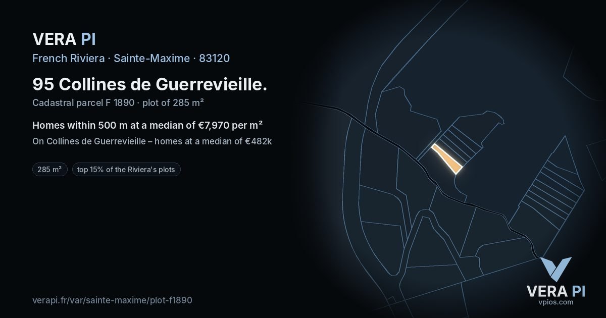 95 Collines de Guerrevieille, Sainte-Maxime at night – the plot lit, the parcels around coloured by the prices near them