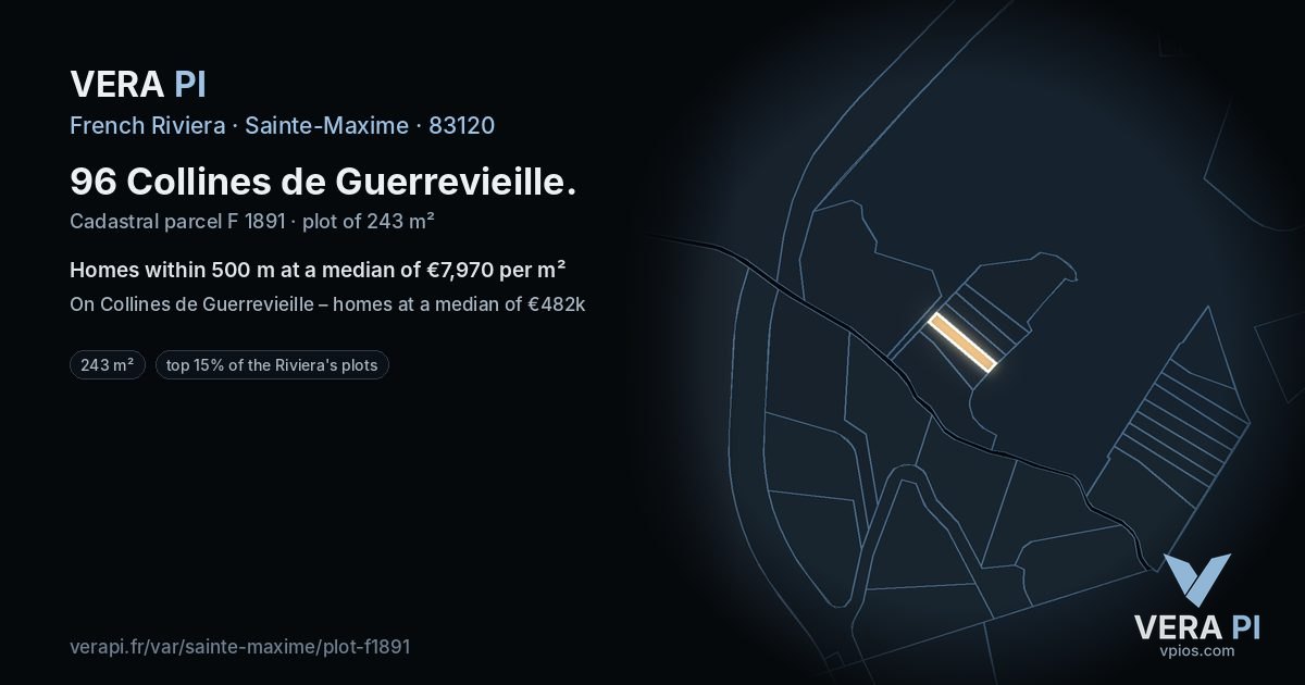 96 Collines de Guerrevieille, Sainte-Maxime at night – the plot lit, the parcels around coloured by the prices near them