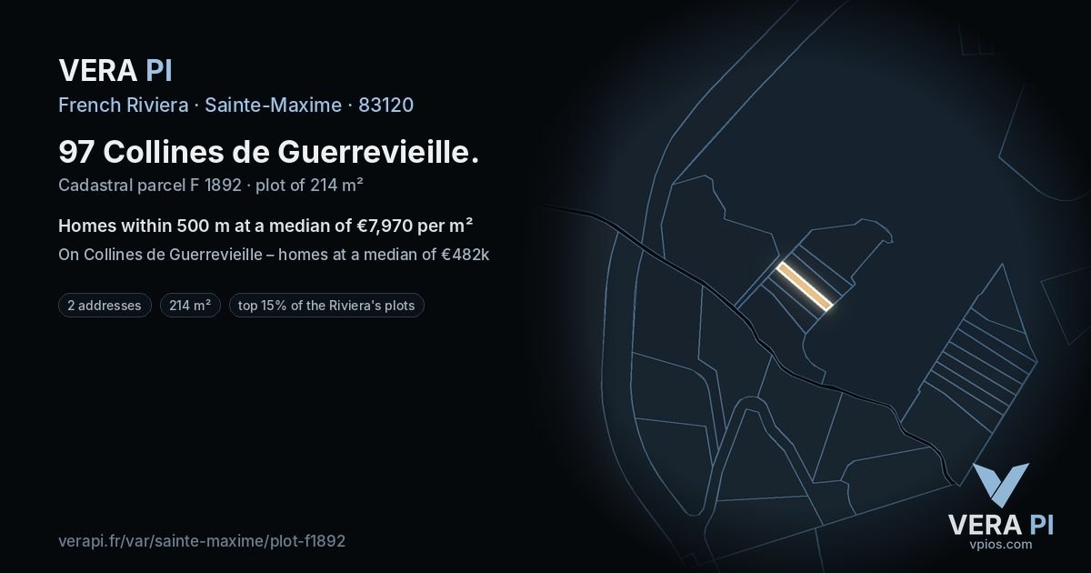 97 Collines de Guerrevieille, Sainte-Maxime at night – the plot lit, the parcels around coloured by the prices near them