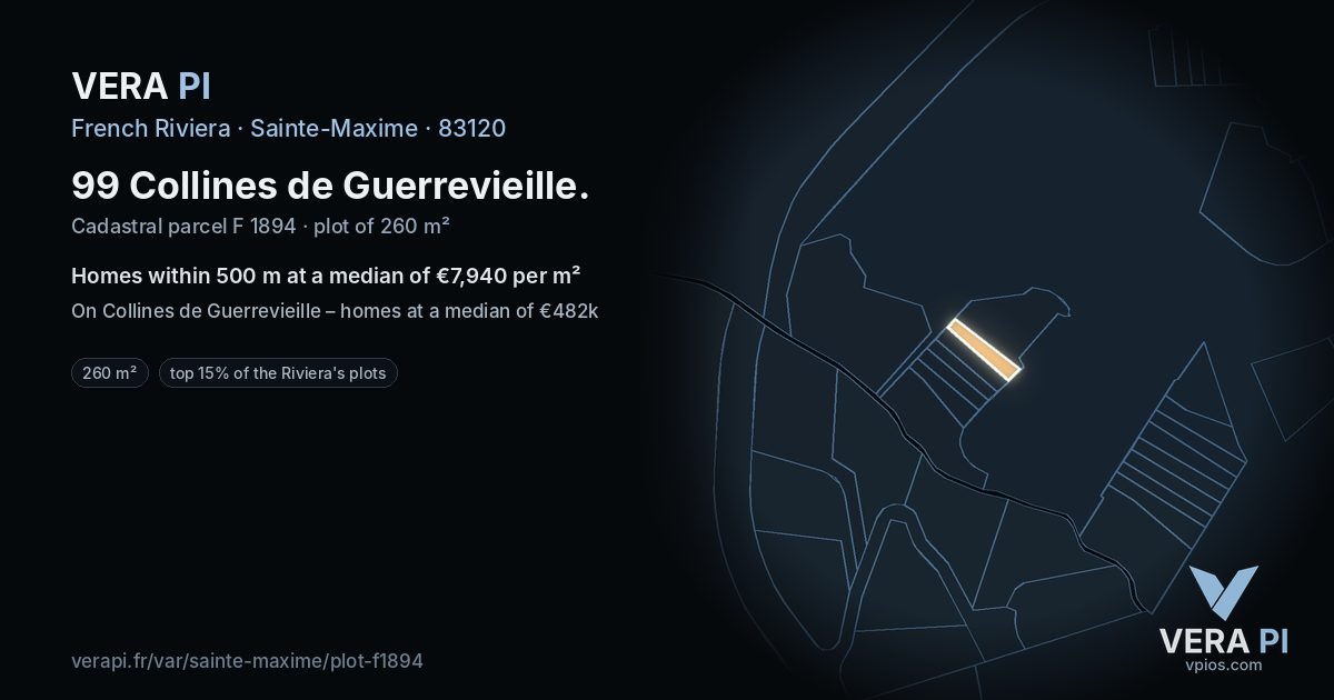 99 Collines de Guerrevieille, Sainte-Maxime at night – the plot lit, the parcels around coloured by the prices near them