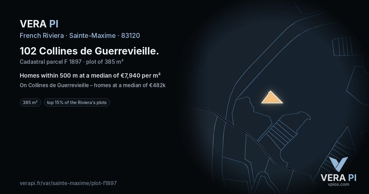 102 Collines de Guerrevieille, Sainte-Maxime at night – the plot lit, the parcels around coloured by the prices near them