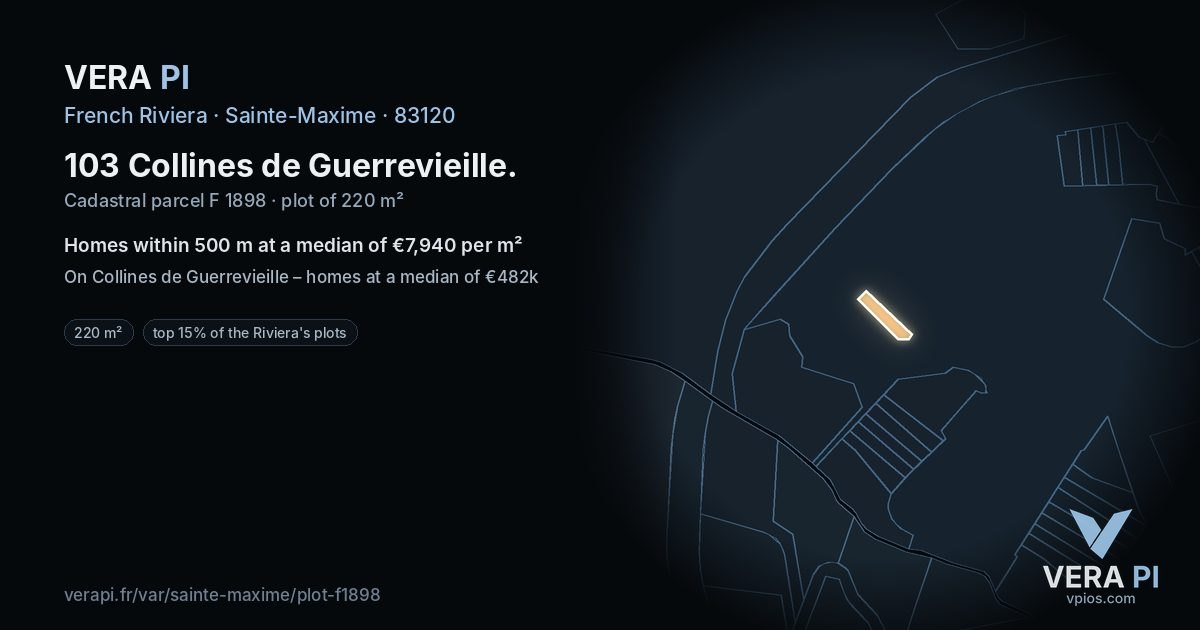 103 Collines de Guerrevieille, Sainte-Maxime at night – the plot lit, the parcels around coloured by the prices near them