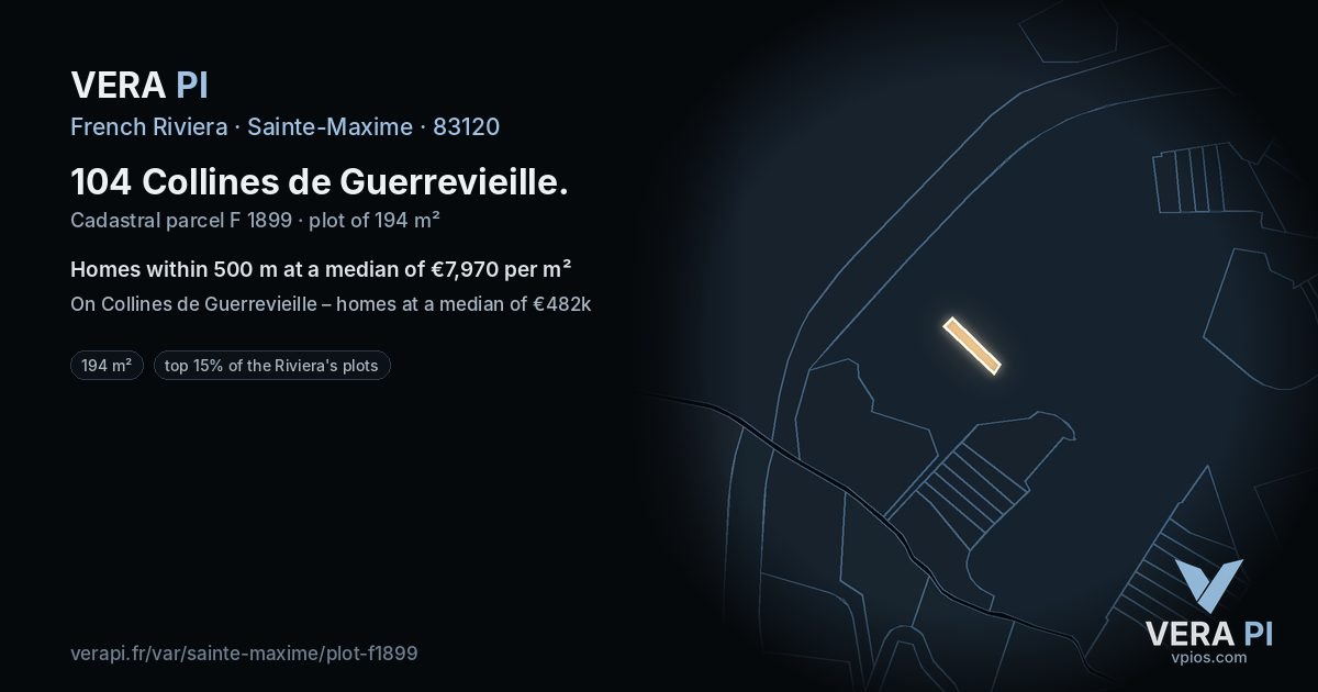 104 Collines de Guerrevieille, Sainte-Maxime at night – the plot lit, the parcels around coloured by the prices near them