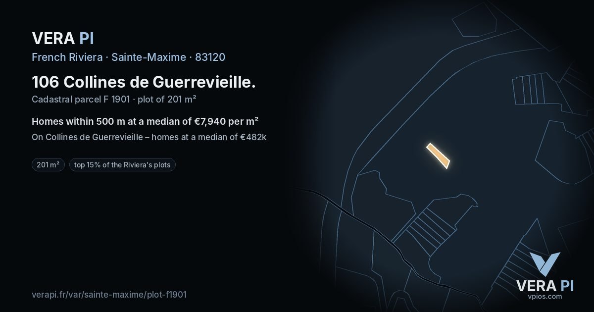 106 Collines de Guerrevieille, Sainte-Maxime at night – the plot lit, the parcels around coloured by the prices near them