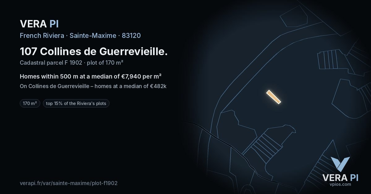 107 Collines de Guerrevieille, Sainte-Maxime at night – the plot lit, the parcels around coloured by the prices near them