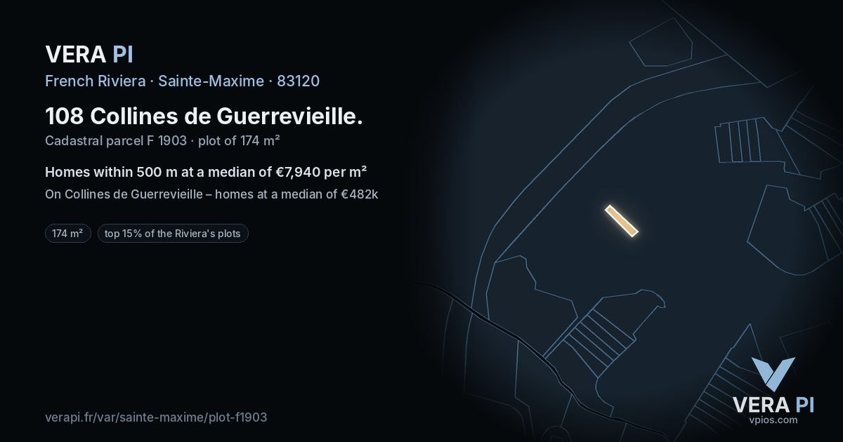 108 Collines de Guerrevieille, Sainte-Maxime at night – the plot lit, the parcels around coloured by the prices near them