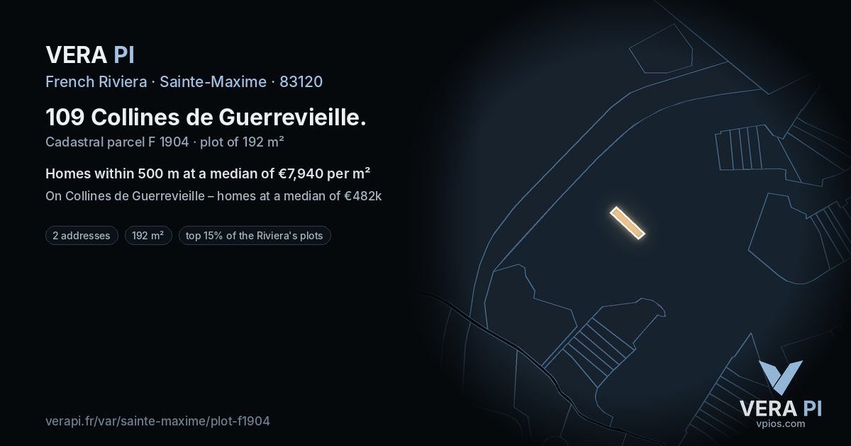109 Collines de Guerrevieille, Sainte-Maxime at night – the plot lit, the parcels around coloured by the prices near them
