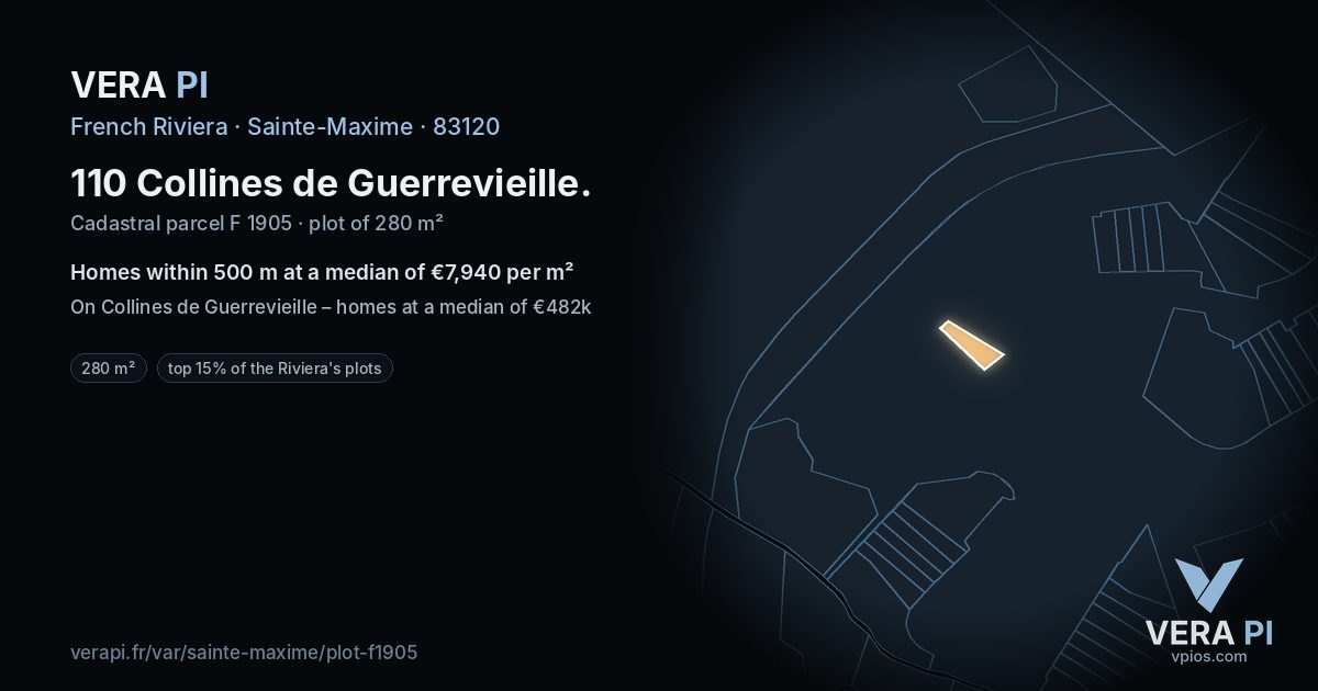 110 Collines de Guerrevieille, Sainte-Maxime at night – the plot lit, the parcels around coloured by the prices near them