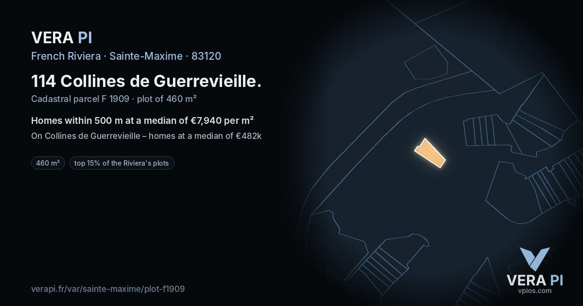 114 Collines de Guerrevieille, Sainte-Maxime at night – the plot lit, the parcels around coloured by the prices near them