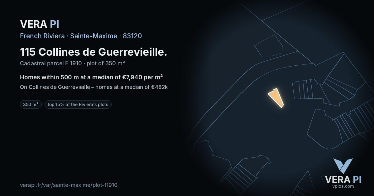 115 Collines de Guerrevieille, Sainte-Maxime at night – the plot lit, the parcels around coloured by the prices near them