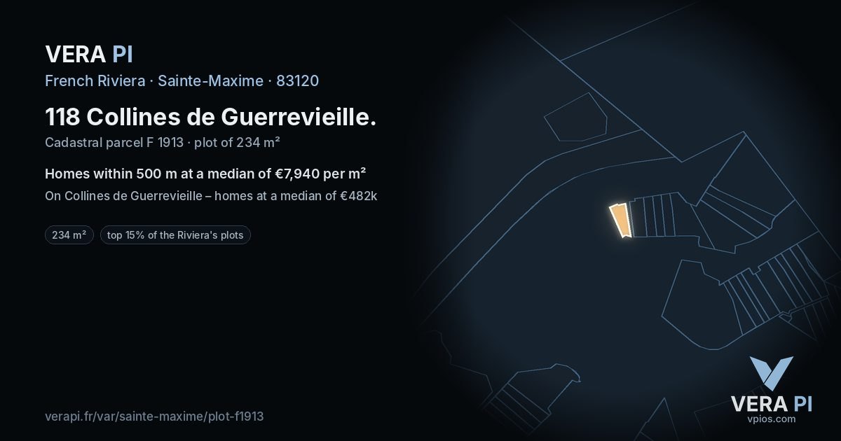 118 Collines de Guerrevieille, Sainte-Maxime at night – the plot lit, the parcels around coloured by the prices near them