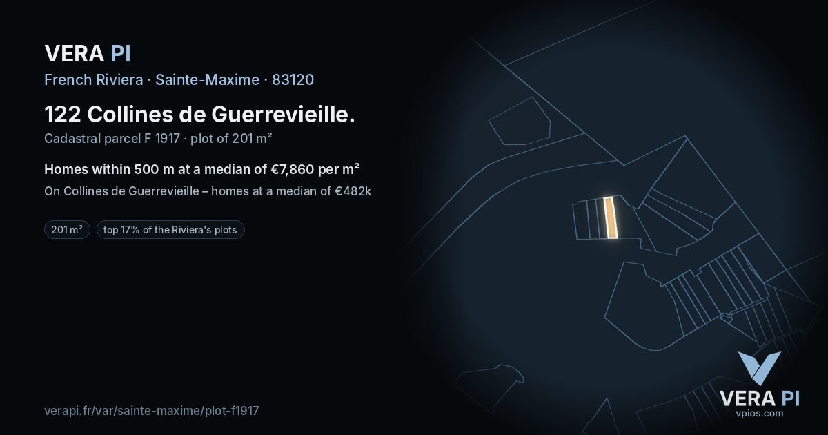 122 Collines de Guerrevieille, Sainte-Maxime at night – the plot lit, the parcels around coloured by the prices near them