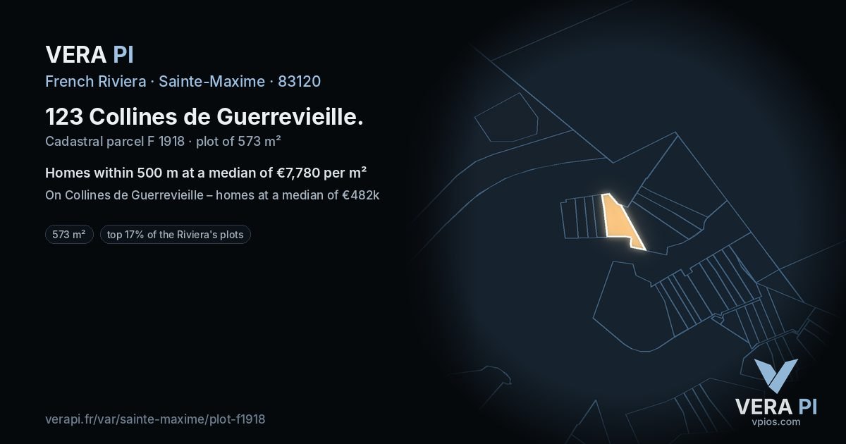 123 Collines de Guerrevieille, Sainte-Maxime at night – the plot lit, the parcels around coloured by the prices near them