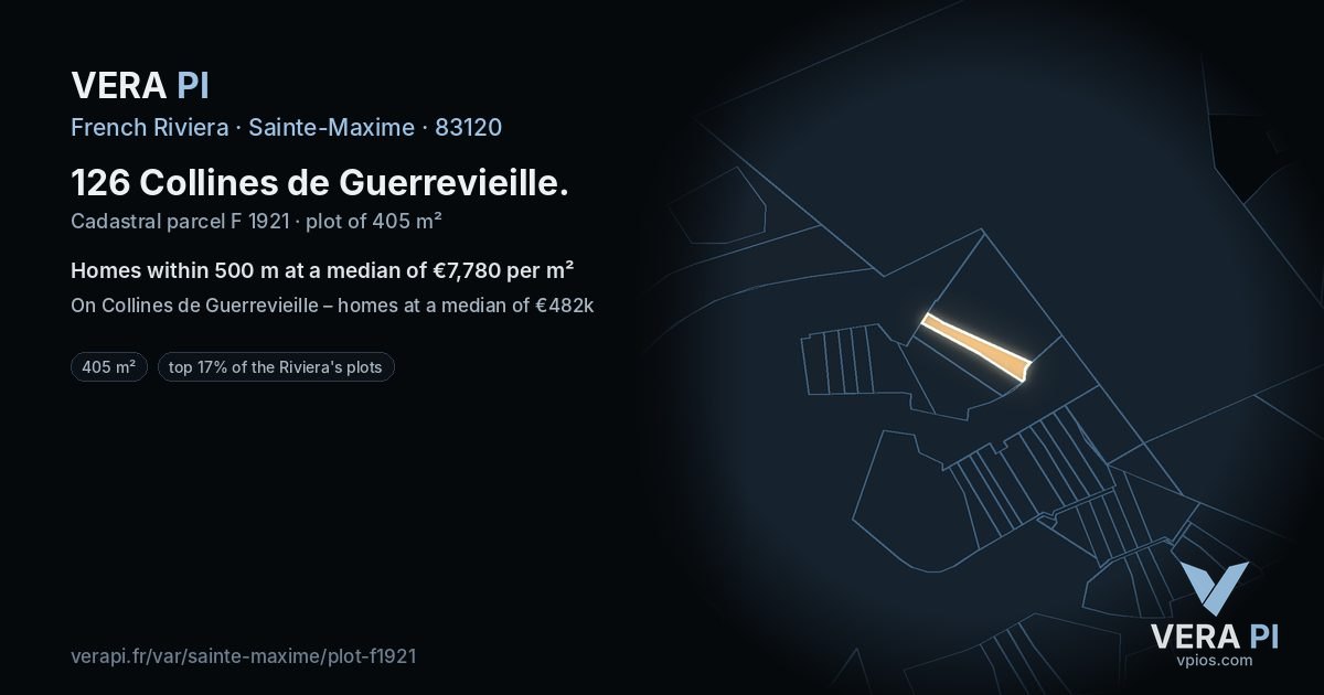 126 Collines de Guerrevieille, Sainte-Maxime at night – the plot lit, the parcels around coloured by the prices near them
