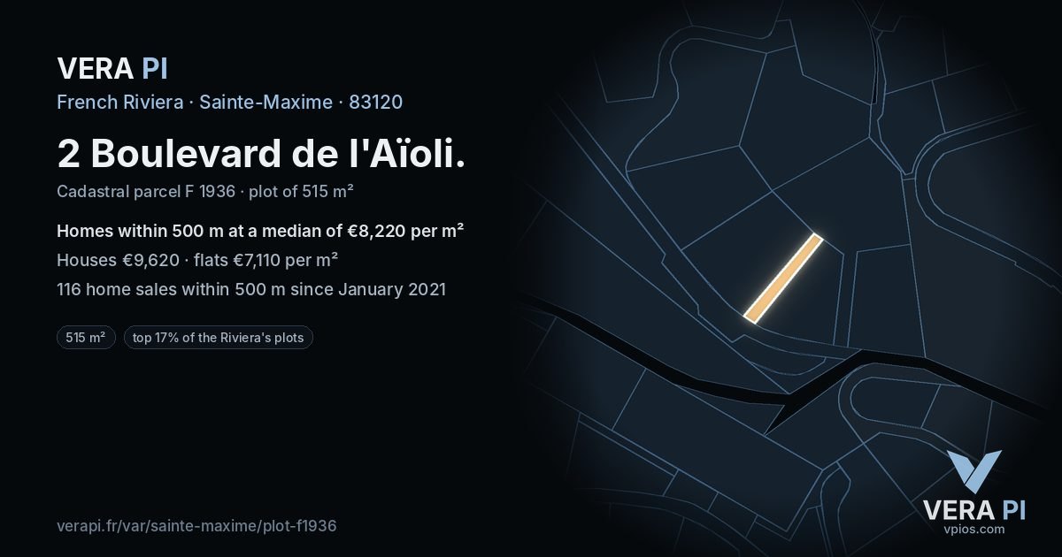 2 Boulevard de l'Aïoli, Sainte-Maxime at night – the plot lit, the parcels around coloured by the prices near them