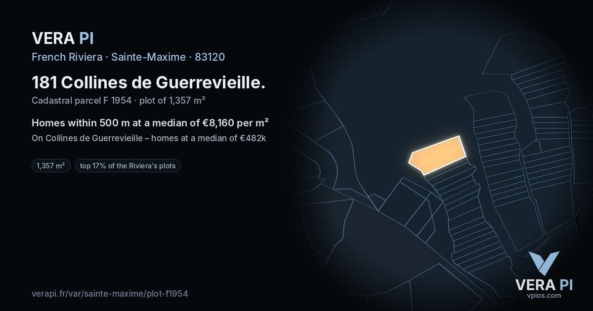 181 Collines de Guerrevieille, Sainte-Maxime at night – the plot lit, the parcels around coloured by the prices near them