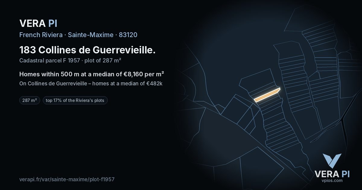 183 Collines de Guerrevieille, Sainte-Maxime at night – the plot lit, the parcels around coloured by the prices near them
