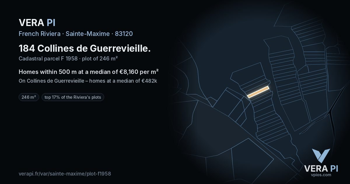 184 Collines de Guerrevieille, Sainte-Maxime at night – the plot lit, the parcels around coloured by the prices near them