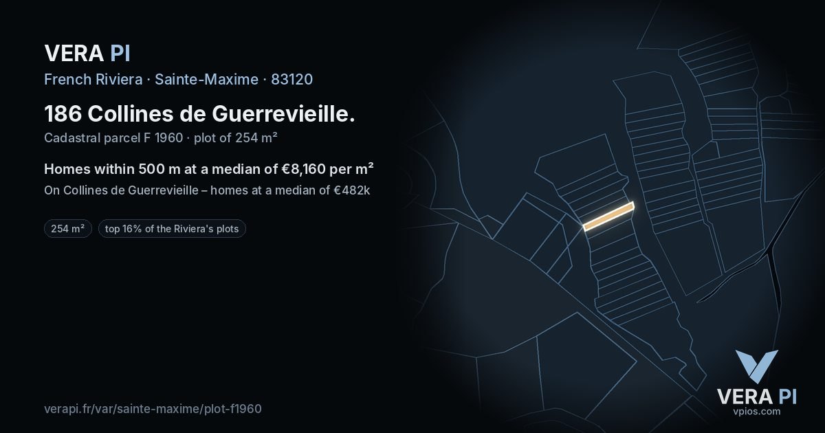 186 Collines de Guerrevieille, Sainte-Maxime at night – the plot lit, the parcels around coloured by the prices near them