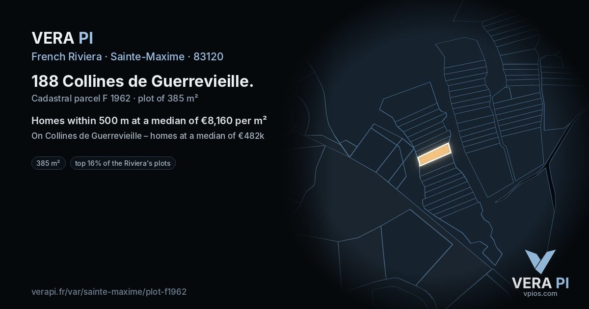 188 Collines de Guerrevieille, Sainte-Maxime at night – the plot lit, the parcels around coloured by the prices near them